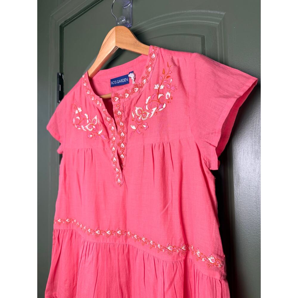 NWT Ro's Garden Isabel Mini Cotton Voile Embroidered Resort Dress Pink Coral XS - Picture 2 of 5